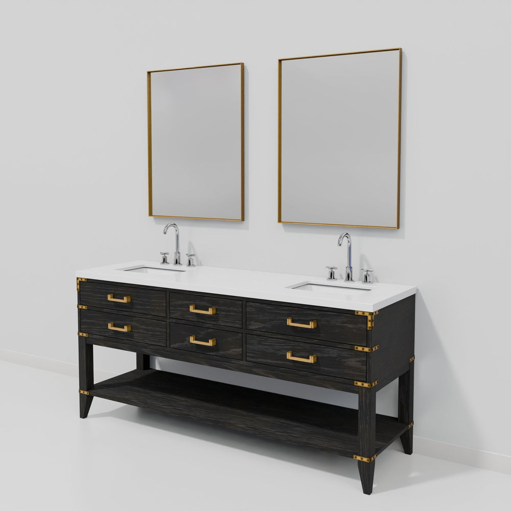 English Elm Black Oak Double Bath Vanity With 72" White Quartz Top, Faucets & 34" Mirrors For Modern Elegance B2731S02200