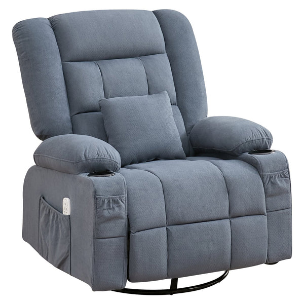 English Elm Kneading Massage Rocker Recliner with 4‑Point 3D Kneading, Heat, USB Port, Cup Holders & Swivel Comfort Blue W1521P390947