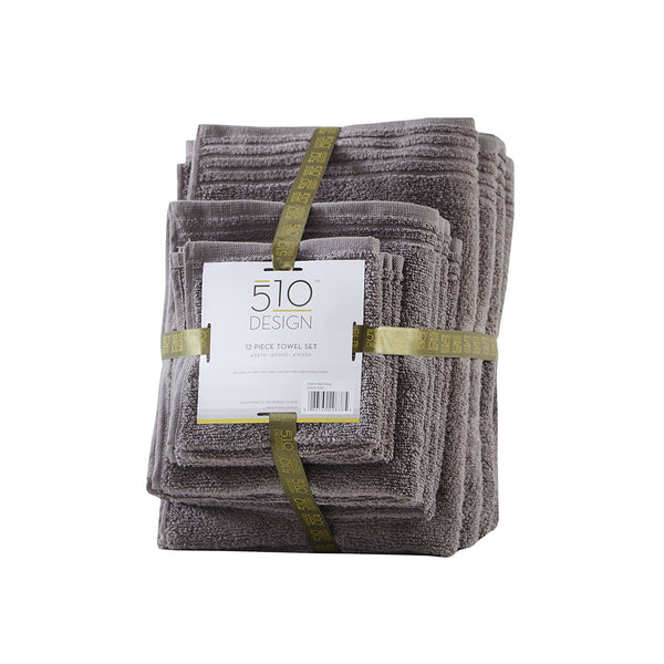 JLA Home 510 Design - 100% Cotton zero-twist 12-piece towel set — quick-dry, ultra-absorbent bath, hand & washcloths, OEKO-TEX certified Grey 5DS73-0201
