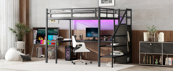 English Elm Full Xl Metal Loft Bed With L-Shaped Desk, Usb Ports & Led Light - Ideal Space-Saving Solution! W1580S00047