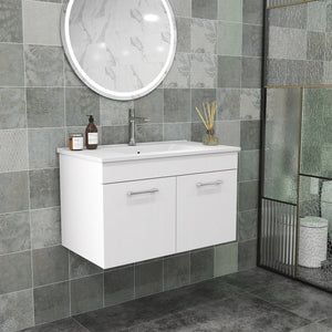 English Elm 32-Inch Wall-Mounted Bathroom Vanity With Ceramic Sink, Soft-Close Doors & Modern Glossy Finish W3151S00026