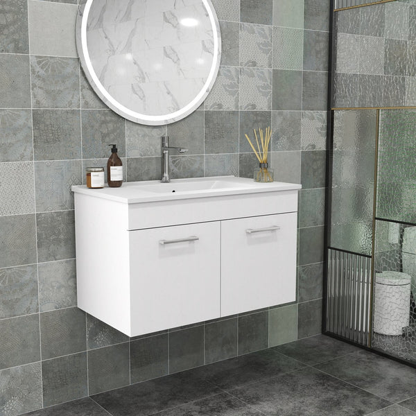 English Elm 32-Inch Wall-Mounted Bathroom Vanity With Ceramic Sink, Soft-Close Doors & Modern Glossy Finish W3151S00026