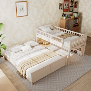 English Elm Twin Xl Over Queen Bunk Bed with Led Lighting Shelving and Pegboard Pinewood Frame Beige LT000280AAA