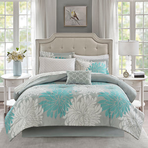 JLA Home Madison Park Essentials - 7 Piece Comforter Set with breathable cotton sheets, floral aqua-grey microfiber comforter, antimicrobial protection for long-lasting freshness and easy machine care 86 L x 68 W x 1.5H MPE10-727