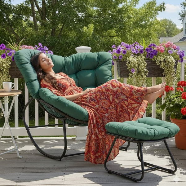 English Elm Dark Wicker Egg Rocking Chair with Ottoman Outdoor Pe Woven Patio Lounge Set Green B082P455172