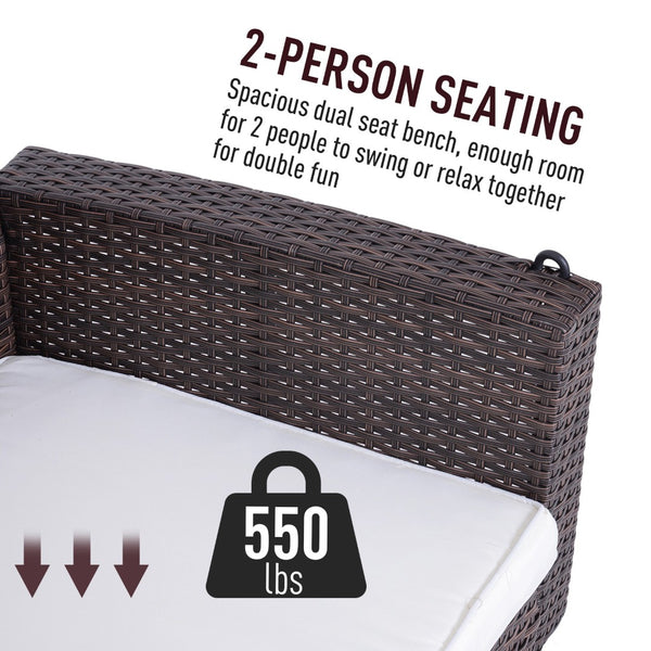 English Elm Outsunny 2-Person Wicker Hanging Swing Bench – Cozy Cream White Outdoor Chair With Cushions, 550 Lbs Capacity For Patios & Gardens W2225P217680-GIGA