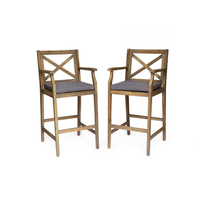 English Elm Christopher Knight Home® - PERLA Acacia Wood Outdoor Barstool Set of 2 with Water-Resistant Cushions, Cross-Back Farmhouse Charm Grey 63748.00GGRY