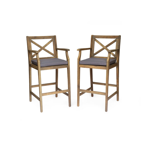 English Elm Christopher Knight Home® - PERLA Acacia Wood Outdoor Barstool Set of 2 with Water-Resistant Cushions, Cross-Back Farmhouse Charm Grey 63748.00GGRY