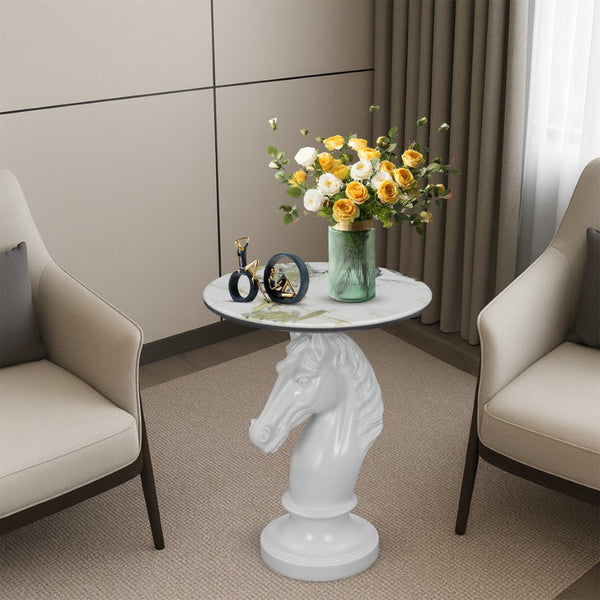 English Elm Horse Head Sculpted Resin End Table with Faux Marble Top for Bold Living Rooms White W5398P454678