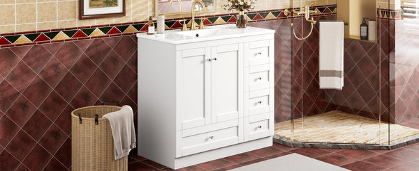 English Elm 36 36" Modern Shaker Bathroom Vanity with Ceramic Sink, Soft-Close Drawers & Doors, Durable Handles White N729P288872K