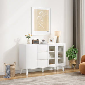 English Elm Farmhouse Buffet Cabinet with Pop-Up Doors and 3 Drawers — Rustic 55.5" Sideboard for Dining Room White T3623P408444