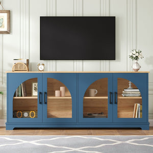 English Elm Farmhouse Media Console with Arched Glass Doors Wood Grain Two Tone Living Room Storage Blue N721P411204C