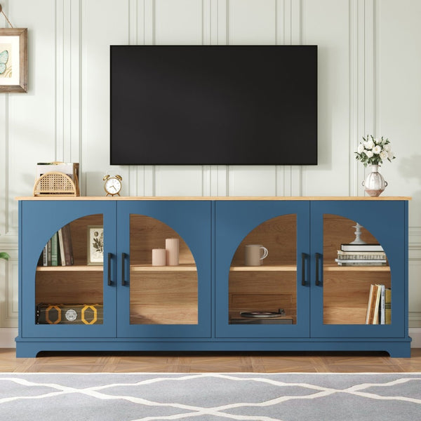 English Elm Farmhouse Media Console with Arched Glass Doors Wood Grain Two Tone Living Room Storage Blue N721P411204C