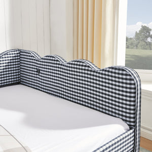 English Elm Full Size Gingham Linen Daybed with Wave Backrest Trundle and Usb Charging Port Navy W1413S00140