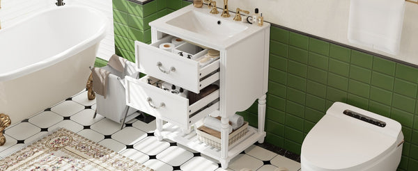 English Elm 24'' Vintage Bathroom Vanity with Ceramic Sink Soft Close Drawers Open Shelf White N710P411237K