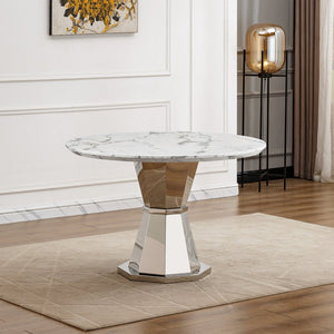 English Elm 47" Round Marble Dining Table | Modern High Gloss Faux Marble & Stainless Steel Base For Any Space W3456S00003