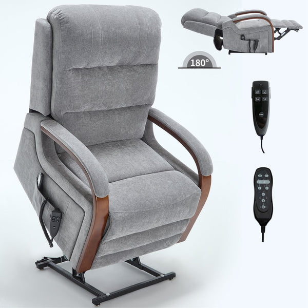English Elm Power Lift Recliner Chair Chenille Upholstery Dual Motor Heat Massage Solid Wood Arms Gray W1803S00066