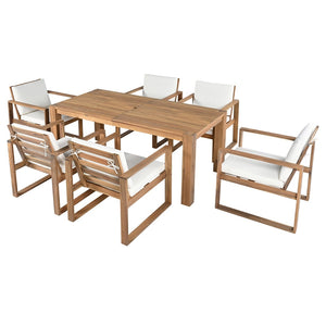 English Elm Trexm Acacia Wood Outdoor Dining Set Seats Six with Umbrella Hole Rustic Patio Beige,Light Teak TM000019AAD