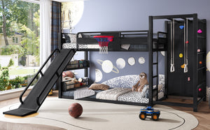 English Elm Twin Metal Loft Bed with Slide Basketball Hoop Climbing Wall and Built-in Shelves Black W1580S00342