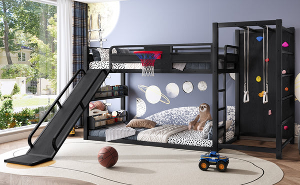English Elm Twin Metal Loft Bed with Slide Basketball Hoop Climbing Wall and Built-in Shelves Black W1580S00342