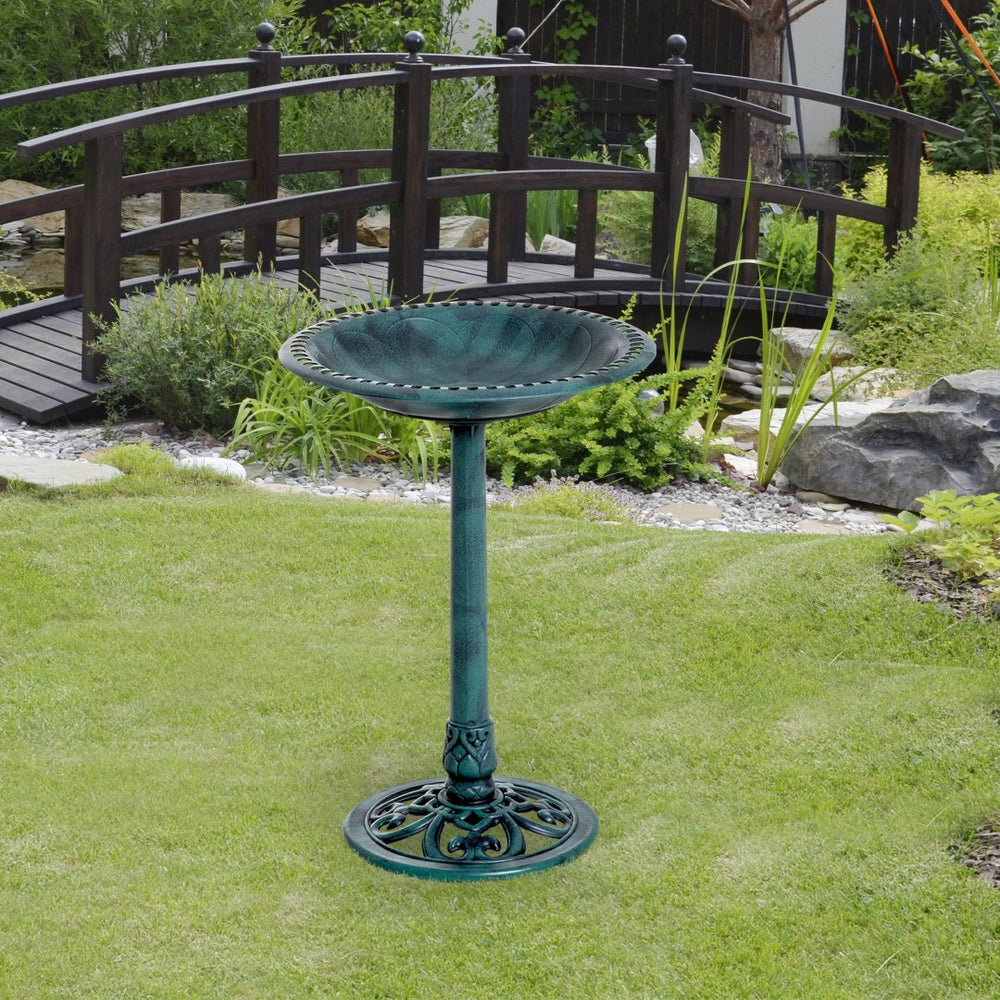 English Elm Outsunny 28'' Elegant Resin Bird Bath With Fleur De Lis Pedestal, Timeless Antique Verdigris Finish W2225P217552-GIGA