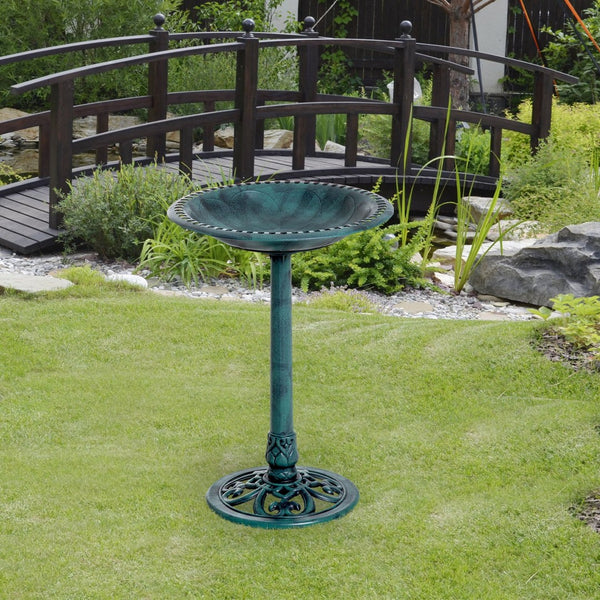 English Elm Outsunny 28'' Elegant Resin Bird Bath With Fleur De Lis Pedestal, Timeless Antique Verdigris Finish W2225P217552-GIGA