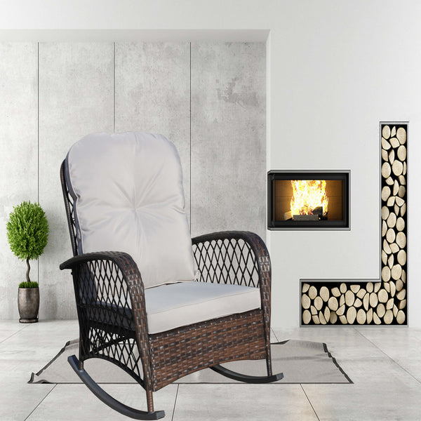 English Elm Outdoor Wicker Rocking Chair with Wide Seat, Thick Removable Cushion, Steel Frame, Weatherproof Design W209P268007