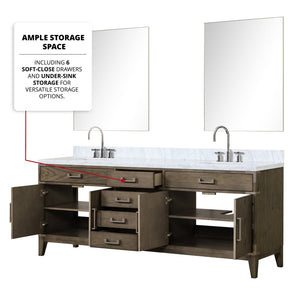 English Elm Grey Oak Double Bath Vanity With Carrara Marble Top, Faucets, & 36" Mirrors - Elegant Storage Solution B2731S01884