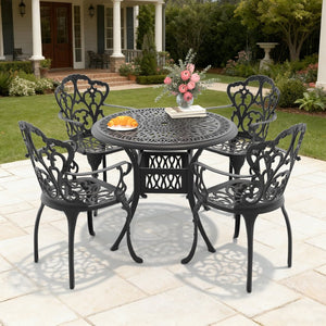 English Elm 5-piece Cast Aluminum Outdoor Dining Set with Relief Carved Frame and All-weather Cushions W1710S00545