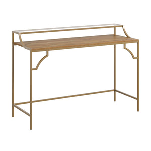 English Elm Writing Desk with Warm Mango Finish and Satin Gold Metal Frame, Compact Engineered Wood Workspace and Glass Shelf, Sturdy Design for Home Office, Hallway or Guest Room — Easy Assembly B356P368904