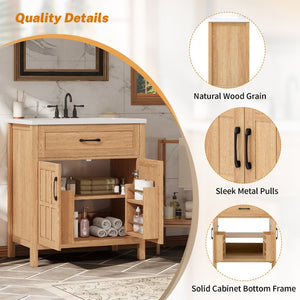 English Elm 30" Solid Pine Bathroom Vanity with Resin Sink Soft Close Doors and Natural Grain Finish N710P405952P