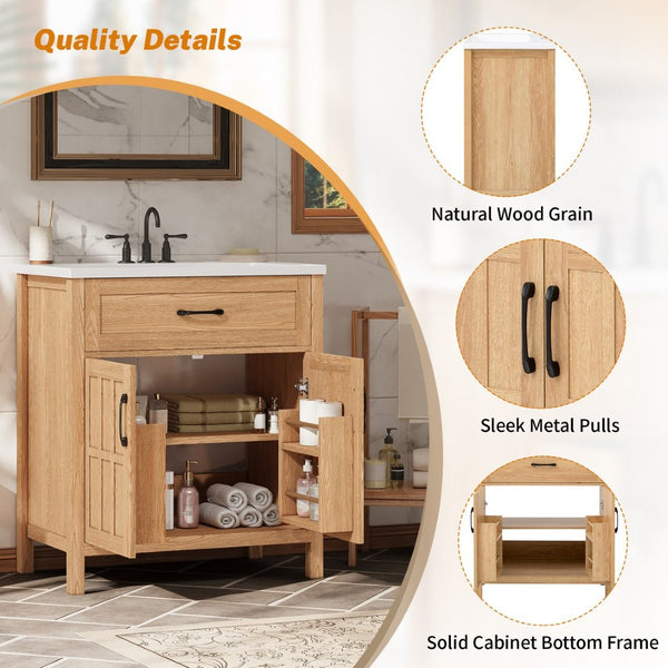 English Elm 30" Solid Pine Bathroom Vanity with Resin Sink Soft Close Doors and Natural Grain Finish N710P405952P