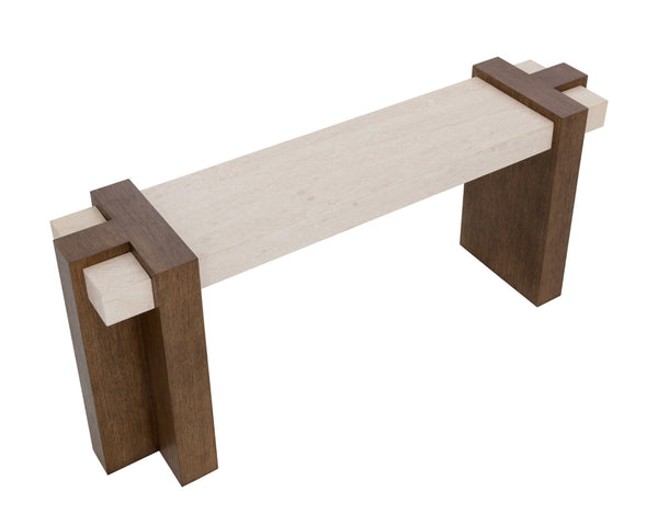 Sunpan MINERVA Console Table - Sculptural Luxury with Marble Top & Interlocking Wood Base for Modern Homes 112152