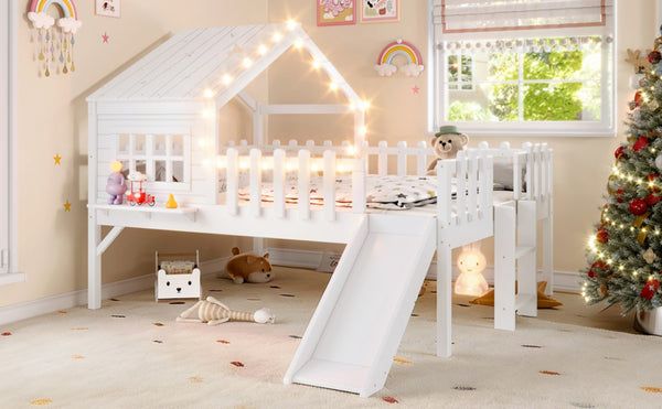 English Elm Twin Playhouse Loft Bed Solid Pine Frame with Slide Led Lights and Star Roof White W5316S00004