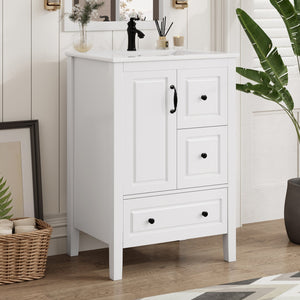 English Elm Christopher Knight Home® - 24 Freestanding Retro Bathroom Vanity with Ceramic Sink, Soft-Close Cabinet & Drawers, Painted MDF Finish White N759P292551K