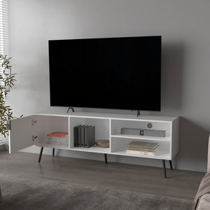 English Elm Mescal modern TV stand with concealed door and open shelving, conical legs, sleek storage center White 68.5 L x 20.9 W x 5.1 H B128P263710