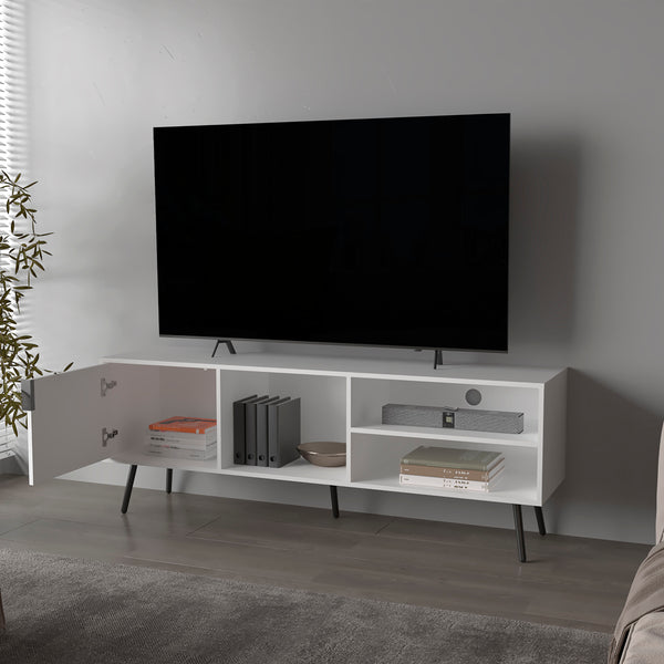 English Elm Mescal modern TV stand with concealed door and open shelving, conical legs, sleek storage center White 68.5 L x 20.9 W x 5.1 H B128P263710