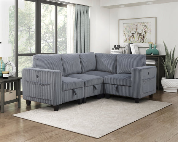 English Elm 4-Piece Modular Sectional with Storage Drawers, Side Pockets and USB Charging in Corduroy Upholstery Dark Gray 26 L x 29 W x 15.75 H B011S01075
