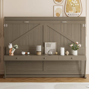 English Elm Queen Murphy Bed Cabinet with Vanity Desk Hydraulic Lift Mirror Distressed Finish Gray LP000766AAE-1