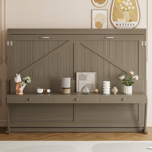English Elm Queen Murphy Bed Cabinet with Vanity Desk Hydraulic Lift Mirror Distressed Finish Gray LP000766AAE-1