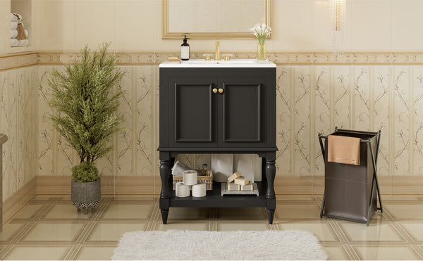 English Elm 24'' French Style Bathroom Vanity with Ceramic Sink Soft Close Cabinet and Drawer Black N710P411341B