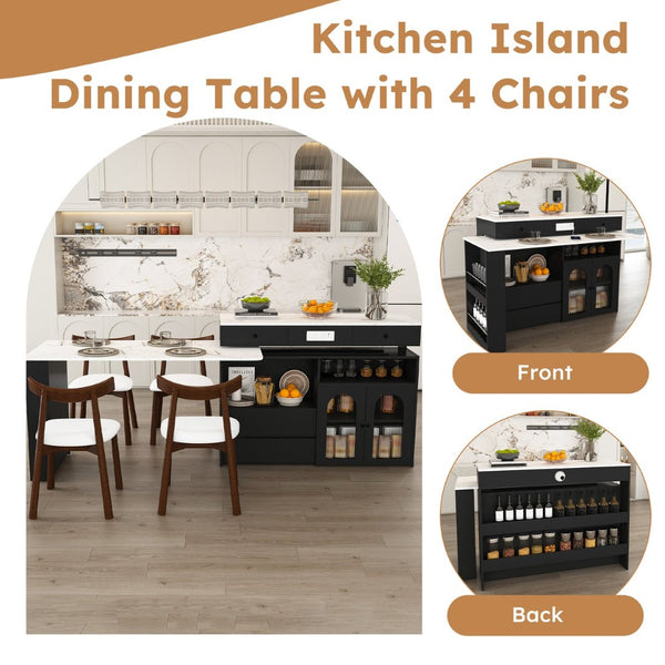 English Elm Kitchen Island Dining Set Marble Veneer Rotating Top Solid Wood Chairs Retro Modern White W2700S00121