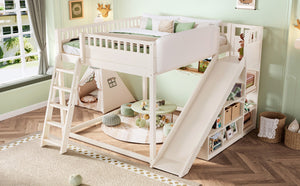 English Elm Queen Loft Bed with Upholstered Headboard Built-in Slide and Open Storage Shelves Beige W1580S00307