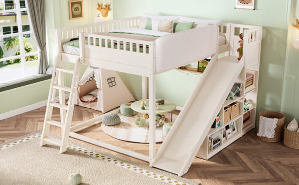 English Elm Queen Loft Bed with Upholstered Headboard Built-in Slide and Open Storage Shelves Beige W1580S00307