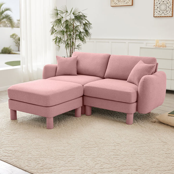 English Elm Boucle Loveseat Sofa With Shell-Shaped Armrests, Removable Ottoman, And Cylindrical Legs In Pink W3041S00291