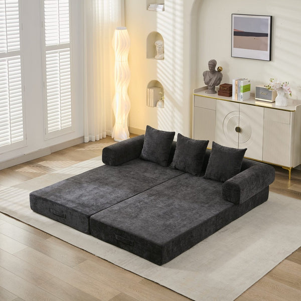 English Elm Comfy Chenille Folding Floor Sofa Bed with Armrest for Studio and Guest Rooms Black W1143P401144