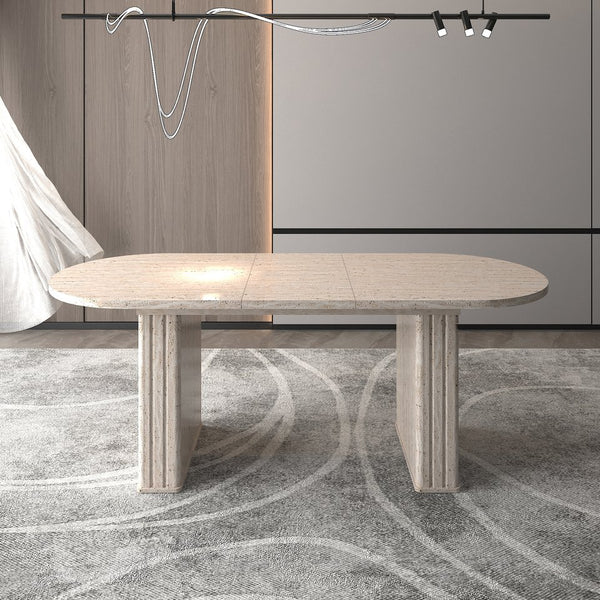 English Elm Kitchen extendable dining table with travertine-inspired melamine top, rounded edges, sturdy wooden base for family gatherings Beige W1347S00017