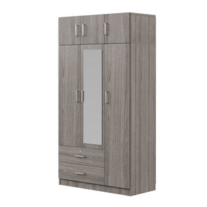 English Elm 3-door Mirrored Wardrobe with Full Length Dressing Mirror Drawers and Top Cabinet Gray LP006005AAE