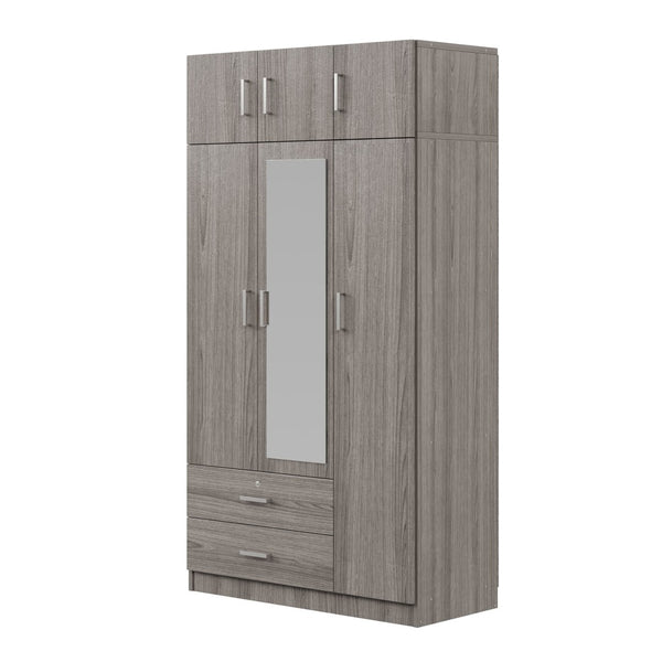 English Elm 3-door Mirrored Wardrobe with Full Length Dressing Mirror Drawers and Top Cabinet Gray LP006005AAE