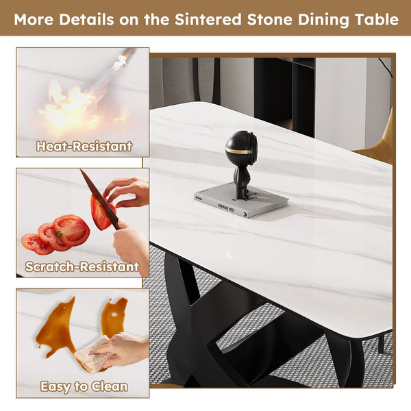 English Elm 71" Modern Luxury Dining Table with Sintered Stone Top, Unique Carbon Steel Base, Seats 6-8 Guests W2699S00022